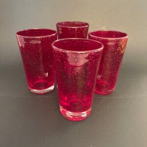 Set of 4 Blown Ruby Red Bubble Glass Tumblers – 16oz, Vintage Charm